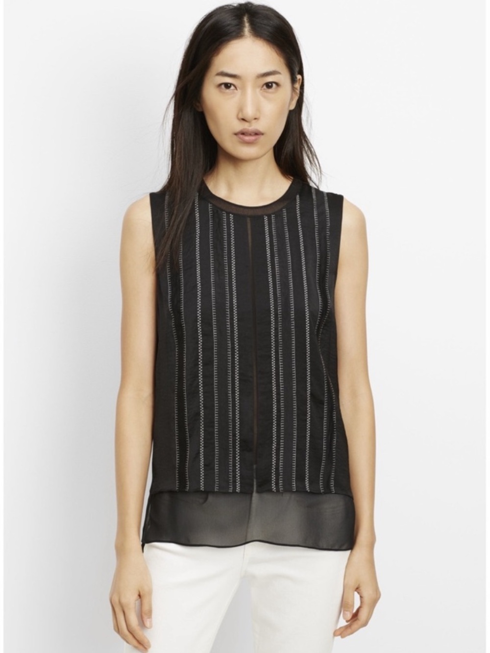 Vince silk Sleeveless Black tank Top with White Contrast Stitching and Silk Trim